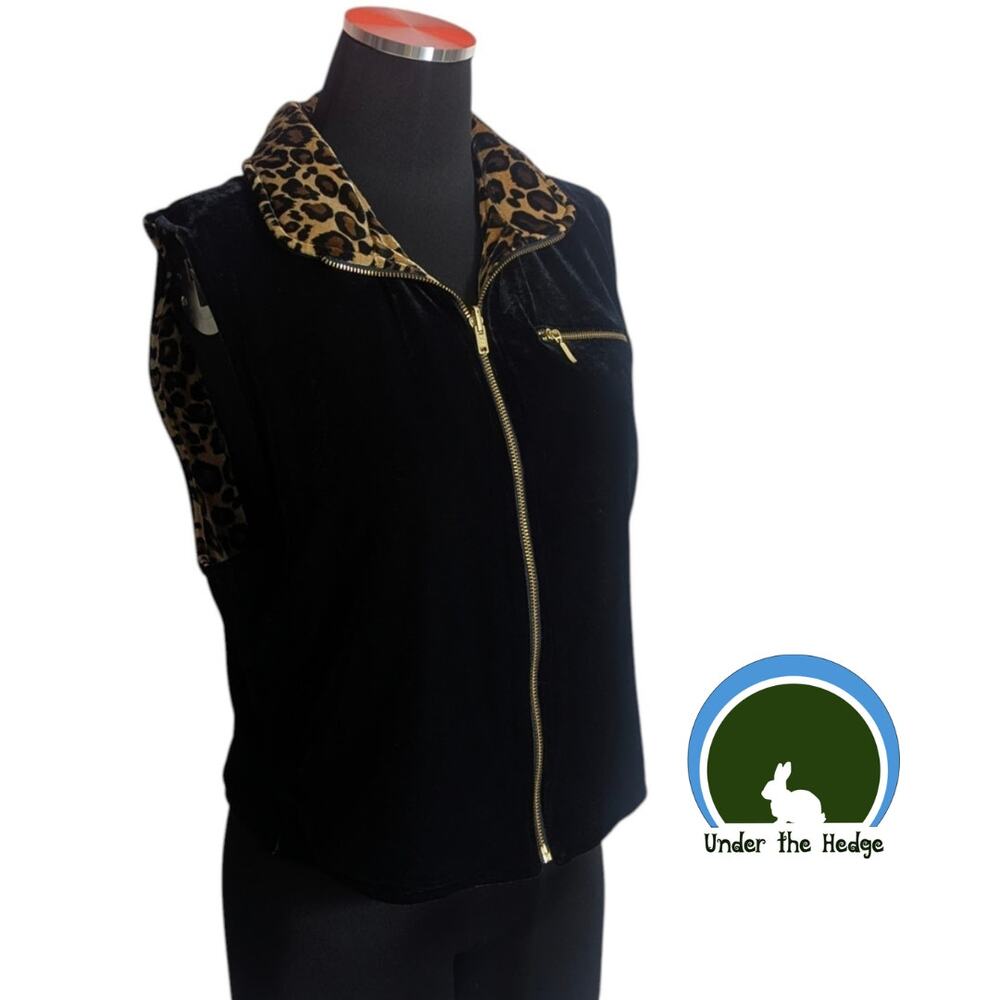 Vtg 90s Skea Reversible Black & Leopard Velvet Zipper Vest Size Medium Glam